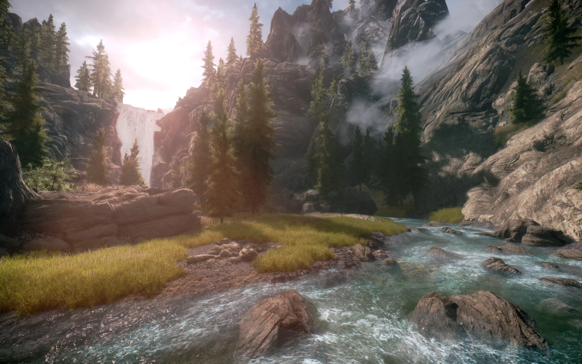 природа, The Elder Scrolls V: Skyrim, rivers, sunlight, деревья, видео-игры, video games, nature, trees, реки,Elder Scrolls V: Skyrim, солнце