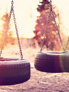 , sunlight, swings, tires