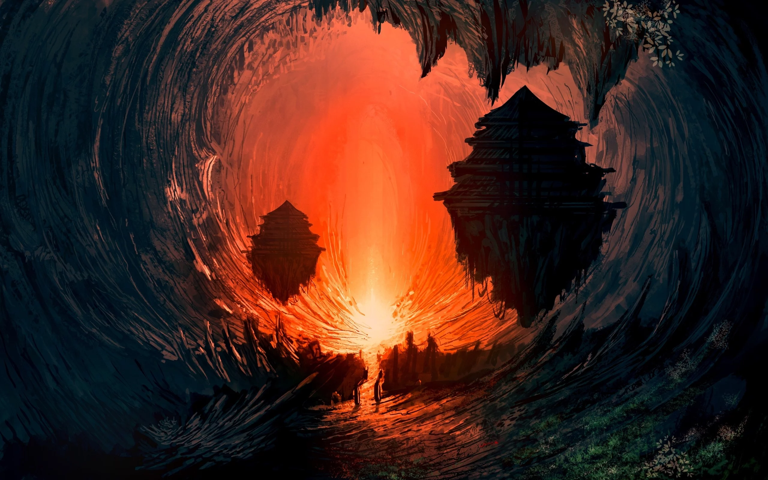 paintings, Underworld, landscapes, floating, concept art, fire, artwork, fantasy art, science fiction, cavern, , digital art, airbrushed