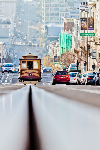 tram, streets, cars, track, , cable cars, cityscapes, trains, downhill, San Francisco, roads