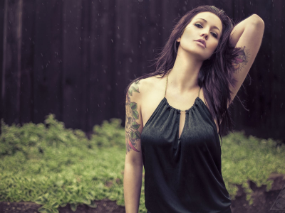 brunettes, women, tattoos, rain, 