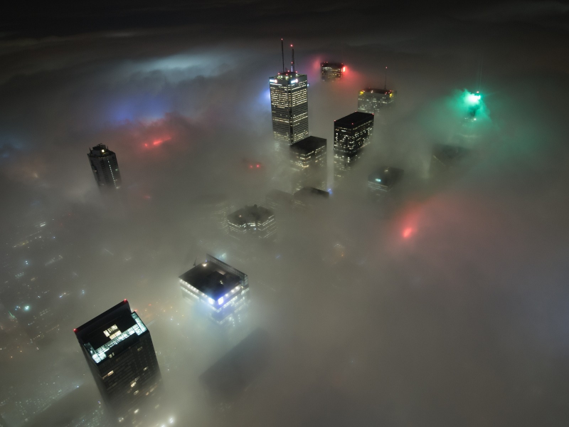 Канада, Canada, туман, небоскребы, звездная ночь, Toronto, fog, nightlights, skyscrapers, Торонто, night, Ночь