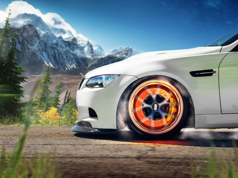 Yuriy Shopa, hills, BMW, snow, Yuri Shopa, landscapes, DeviantART, M3, automotive, overheat, mountains, cars, brembo, nature, digital art, artwork, trees, smoke, yurishopa, , skies, heat, forest, brakes, stars