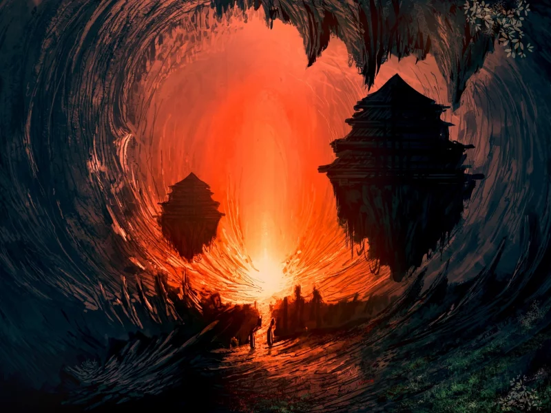 paintings, Underworld, landscapes, floating, concept art, fire, artwork, fantasy art, science fiction, cavern, , digital art, airbrushed