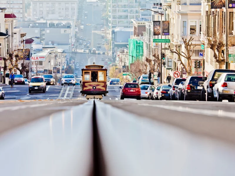 tram, streets, cars, track, , cable cars, cityscapes, trains, downhill, San Francisco, roads