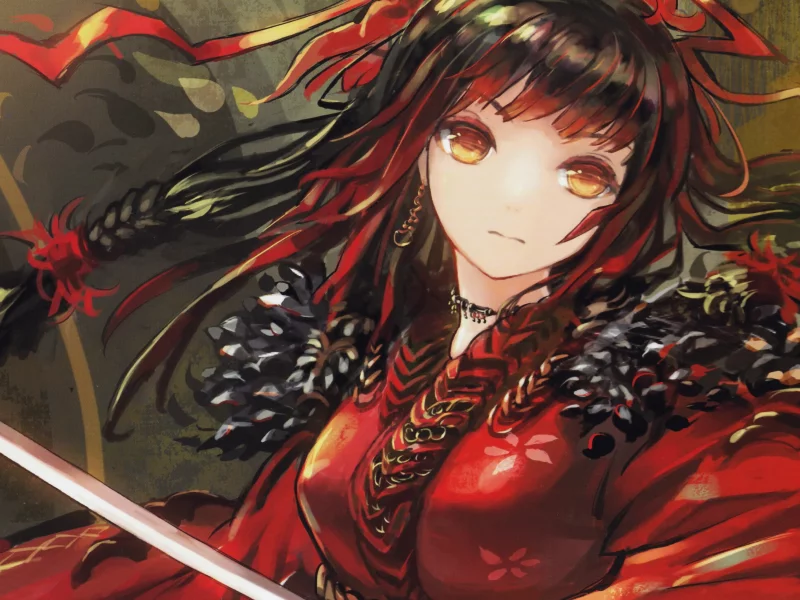 оружие, swords, двухцветные волосы, wide sleeves, ожерелья, red dress, японская одежда, dual wield, ювелирные изделия, earrings, bicolored hair, scans, weapons, dress, Japanese clothes, long hair, аниме девушки, redheads, black hair, , длинные волосы