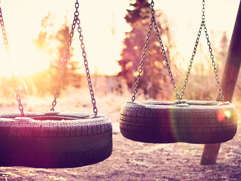 , sunlight, swings, tires