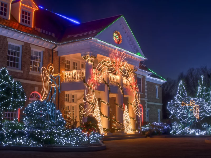 winter, Зимой, ферма, Christmas lights, houses, farm, Рождественские огни, домов