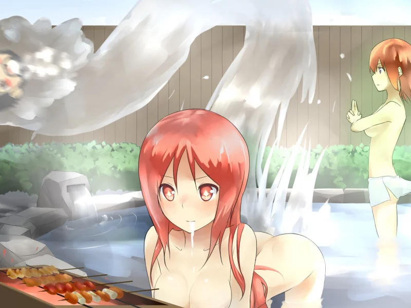 original characters, оранжевые глаза, orange eyes, towels, anime girls, оранжевыми волосами, красные глаза, red eyes, water, drool, барбекю, рыжие, полотенца, аниме девушки, ванна, горячие источники, food, long hair, оригинальные персонажи, декольте,