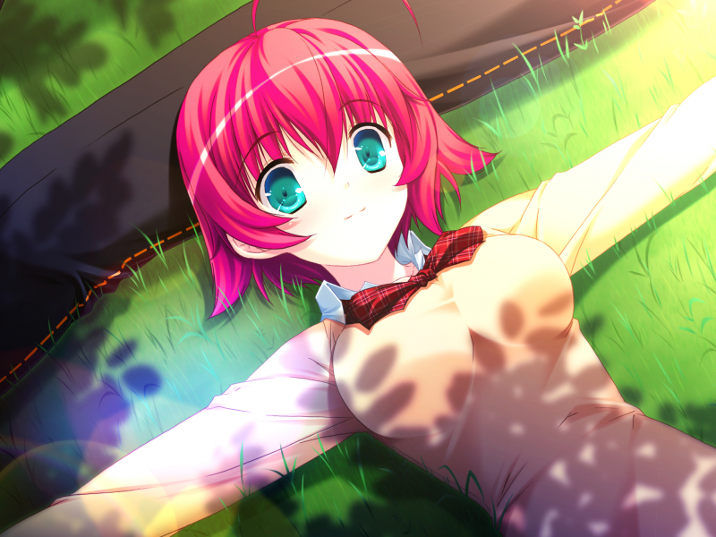 redheads, anime girls, Shinigami no Testament, game CG, lying down, , Makita Maki, grass, Takamiya Ayumu, aqua eyes, short hair