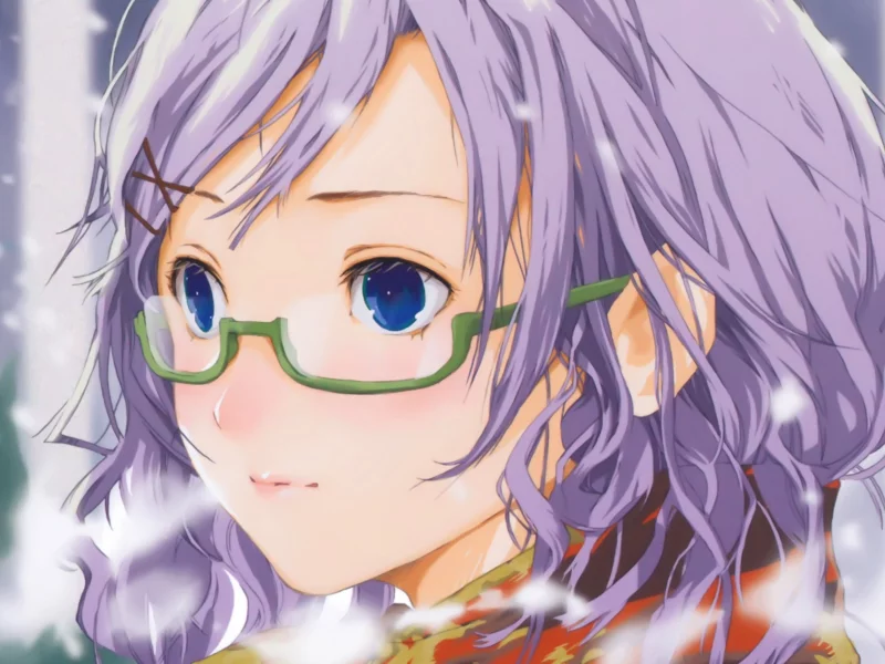 original characters, hair ornaments, glasses, blue eyes, meganekko, hair pins, scarfs, snowing, anime girls, purple hair, snow, faces, winter, short hair, scans, , close-up, Fuyuno Haruaki