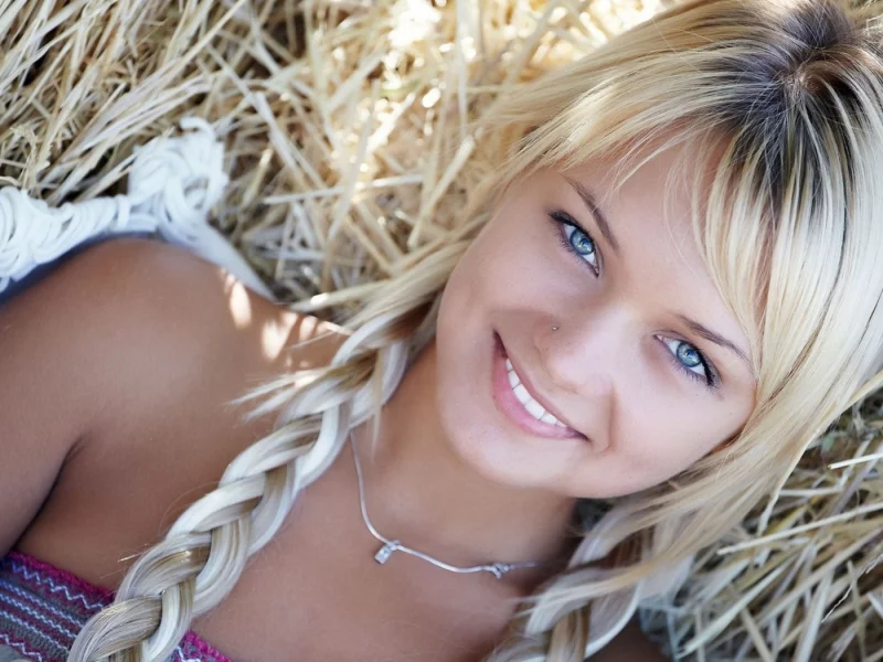 braids, , blondes, smiling, Lada D, necklaces, blue eyes