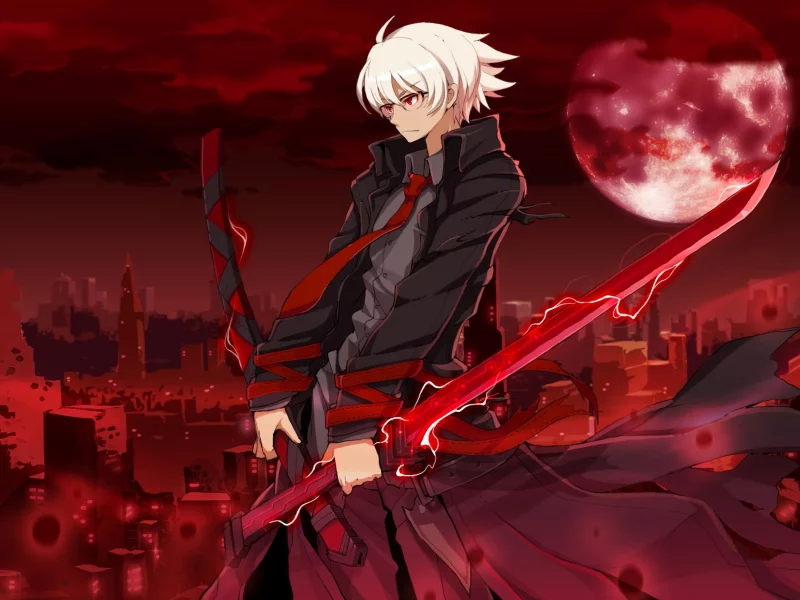 coat, ножны, blondes, swords, аниме мальчики, красные глаза, оружие, видео-игры, anime boys, Moon, tie, пальто, Луна, video games, короткие волосы, cities, wind, мечи, Soul рабочий, ribbons, clouds, ветер, red eyes, блондинки, weapons, sheaths, галст