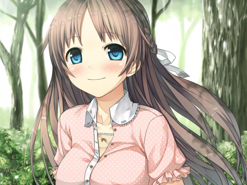 аниме девушки, Sawai Natsuha, леса, long hair, blush, brunettes, брюнетки, румяна, anime girls, forest, игра CG, Monobeno, game CG, длинные волосы, голубые глаза, blue eyes