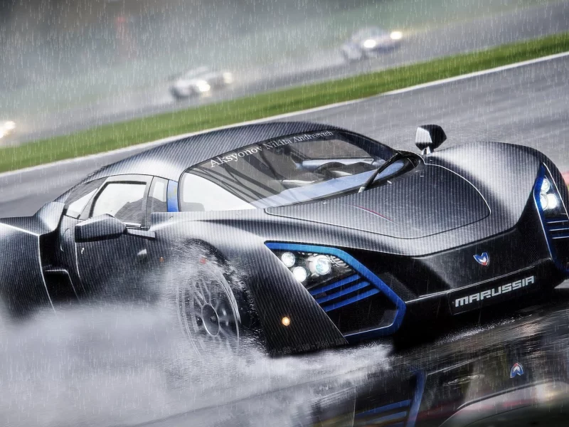 автомобили, Marussia, cars, rain, black, дождь, черный