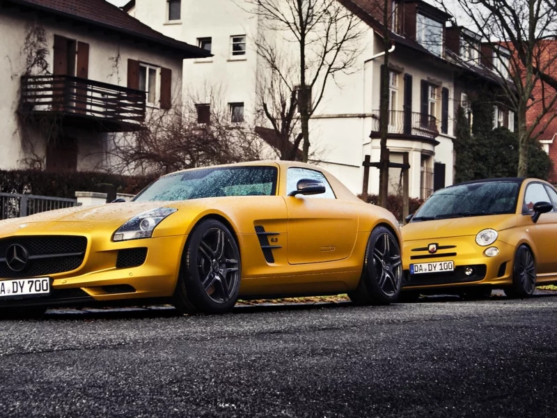 Mercedes Benz Sls Amg, streets, Fiat 500, , cars, Fiat, vehicles, Mercedes-Benz