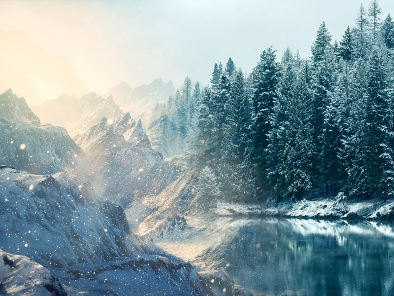 ice, льда, солнце, trees, blue, skies, синий, winter, Sun, houses, зима, дома, снег, деревья, небо, snow