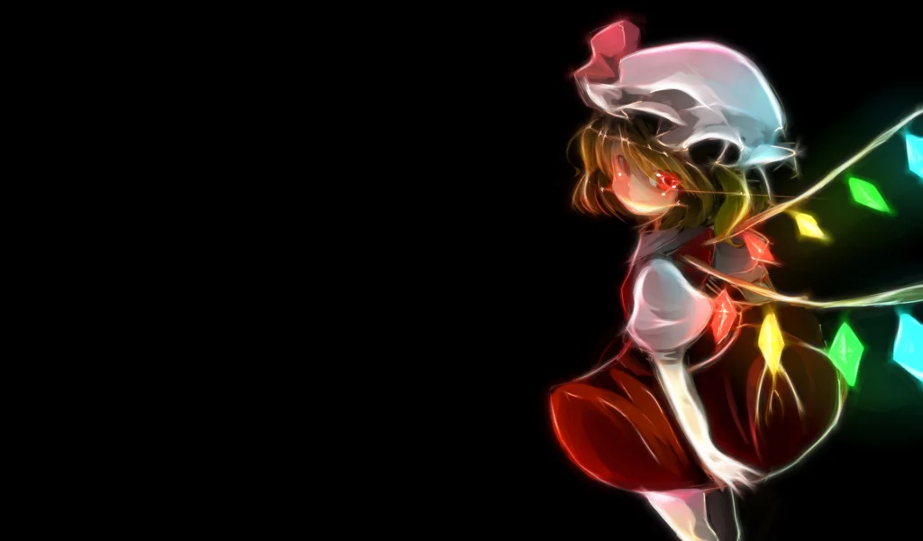 улыбаясь, wings, женщины, women, Flandre Scarlet, anime girls, крылья, головные уборы, аниме девочки, hats, skirts, черный фон, anime, Touhou, юбки, black background, аниме, short hair, простой фон, короткие волосы, simple background, smiling