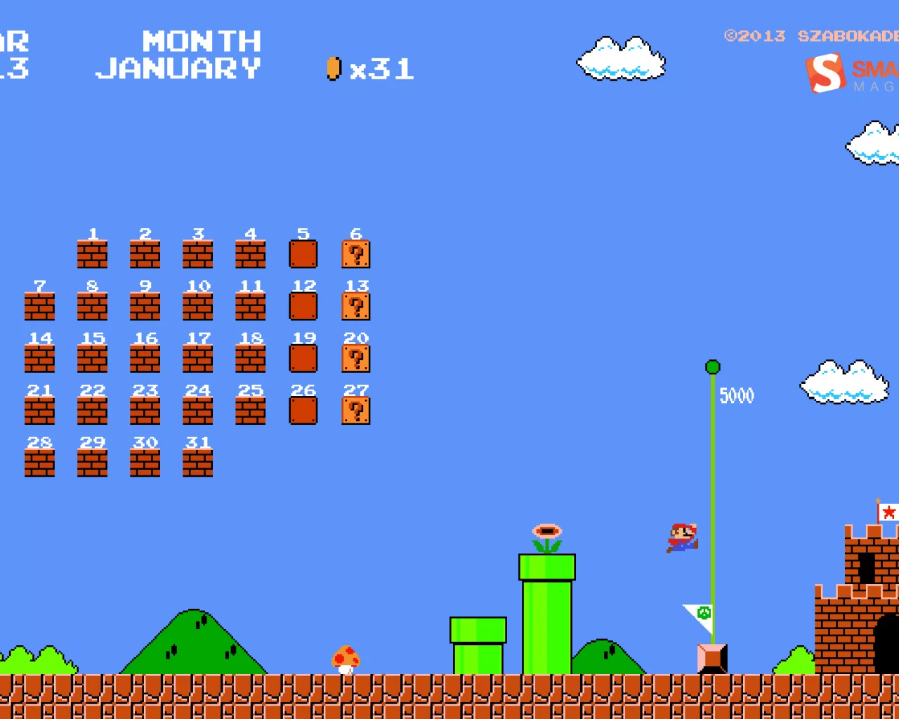 Супер Марио, video games, calendar, календарь, Smashing magazine, ретро-игры, January, Smashing Magazine, retro games, Super Mario, Mario, видео-игры, январь, Марио, 2013, Nintendo