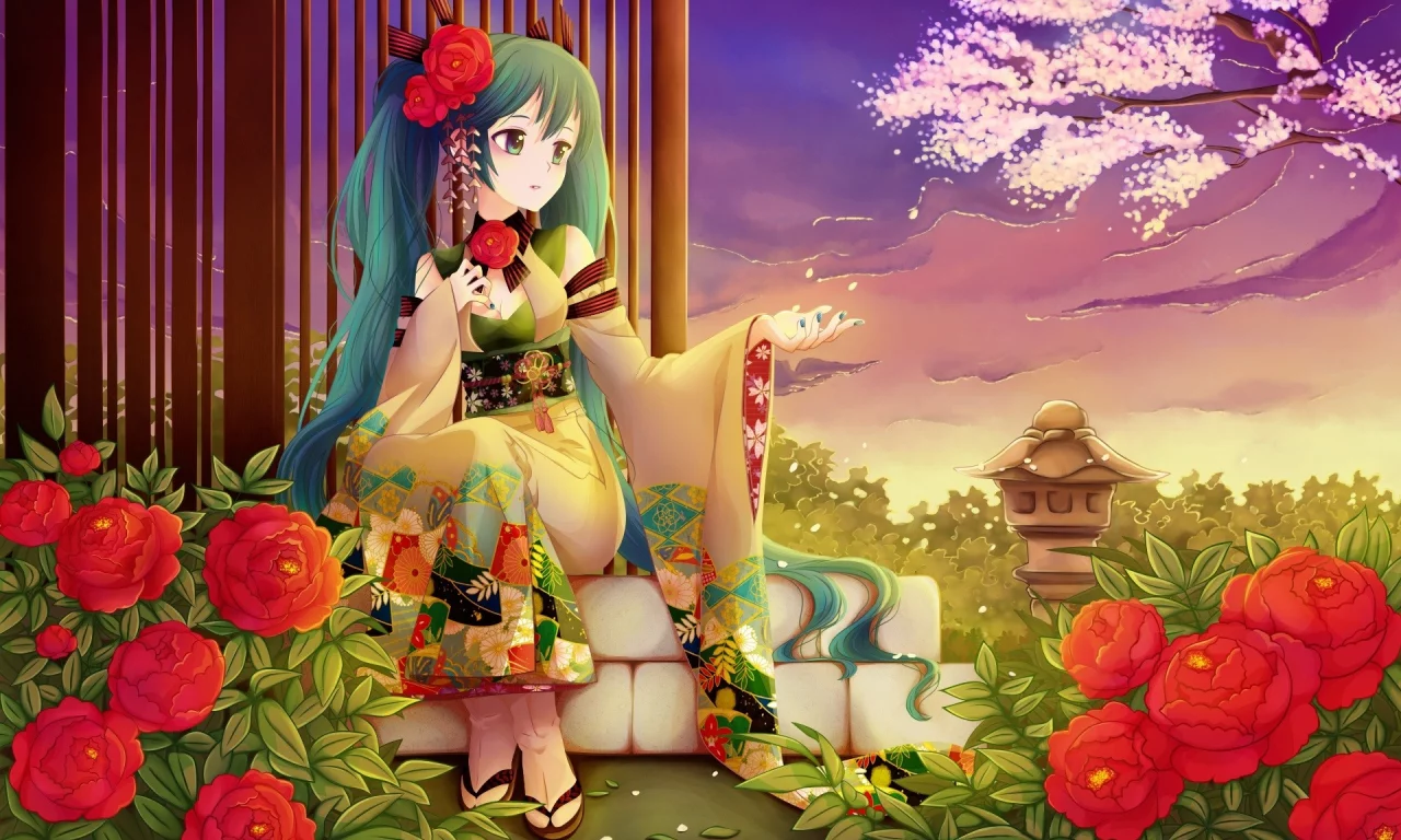 yukata, Nardack, юката, aqua eyes, аква глаза, twintails, Japanese clothes, цвета морской волны волос, Vocaloid, aqua hair, японская одежда, Hatsune Miku