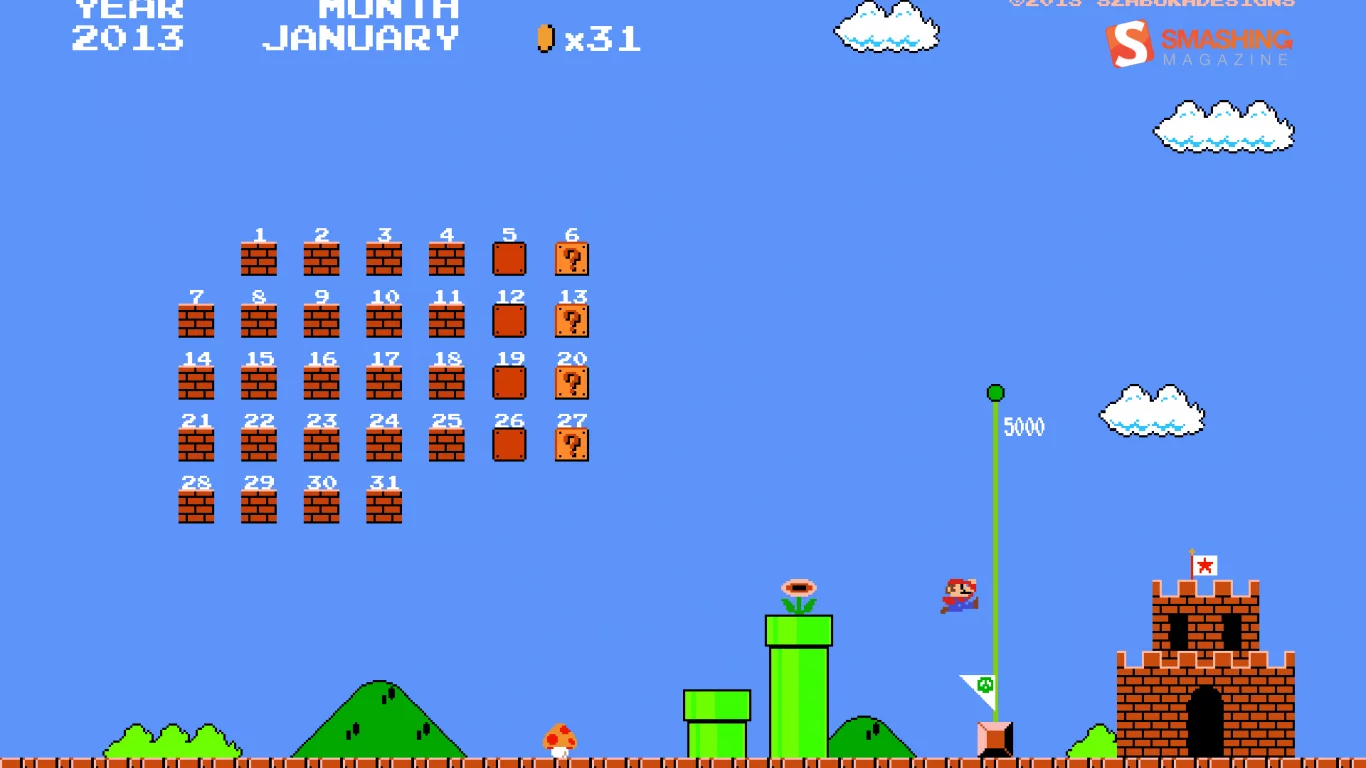 Супер Марио, video games, calendar, календарь, Smashing magazine, ретро-игры, January, Smashing Magazine, retro games, Super Mario, Mario, видео-игры, январь, Марио, 2013, Nintendo