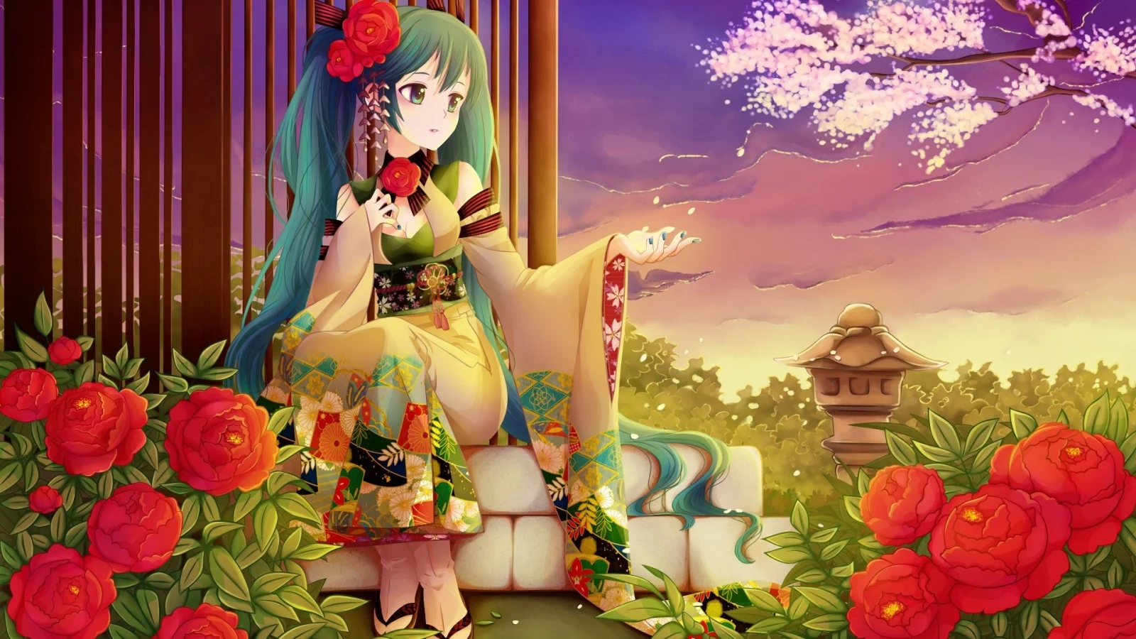 yukata, Nardack, юката, aqua eyes, аква глаза, twintails, Japanese clothes, цвета морской волны волос, Vocaloid, aqua hair, японская одежда, Hatsune Miku