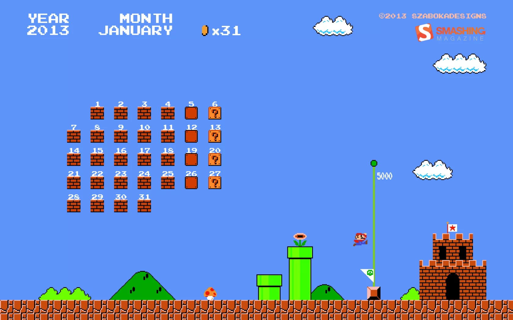 Супер Марио, video games, calendar, календарь, Smashing magazine, ретро-игры, January, Smashing Magazine, retro games, Super Mario, Mario, видео-игры, январь, Марио, 2013, Nintendo