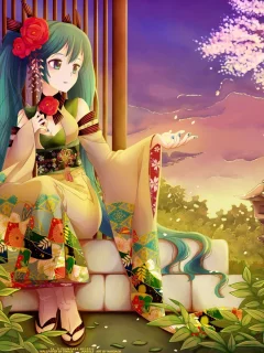yukata, Nardack, юката, aqua eyes, аква глаза, twintails, Japanese clothes, цвета морской волны волос, Vocaloid, aqua hair, японская одежда, Hatsune Miku