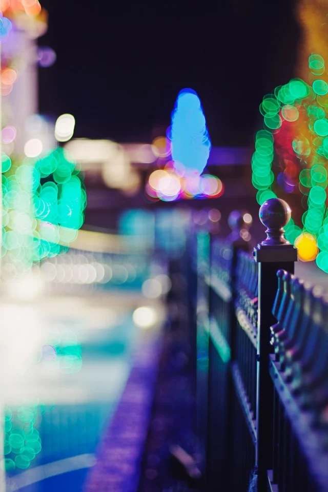 боке, многоцветная, деревья, depth of field, lights, украшения, Рождество, bokeh, multicolor, decorations, trees, fences, Christmas, заборы, глубина резкости, фонари