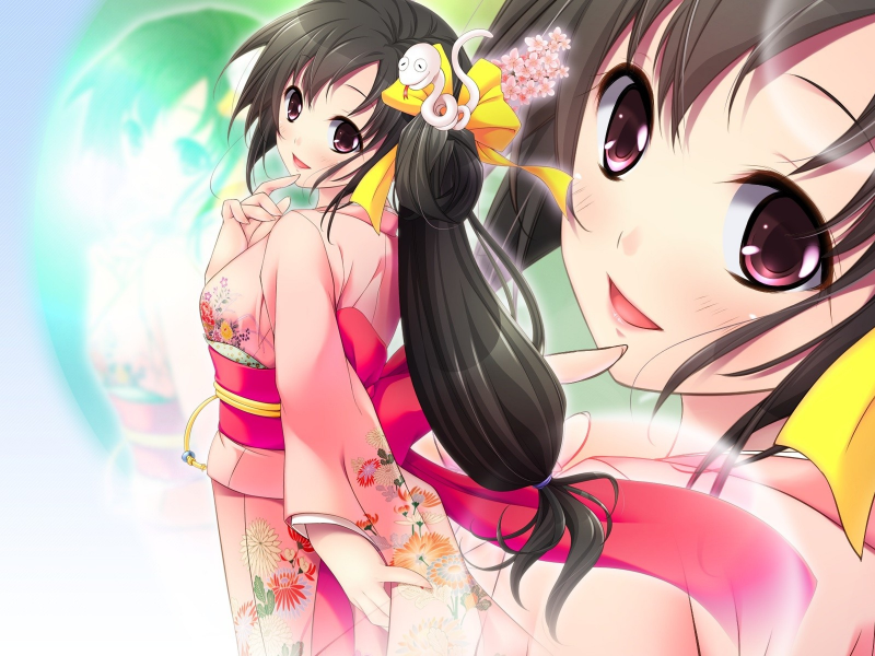 kimono, черные волосы, японская одежда, anime girls, Japanese clothes, flowers, аниме девушки, black hair, long hair, кимоно, длинные волосы, цветы