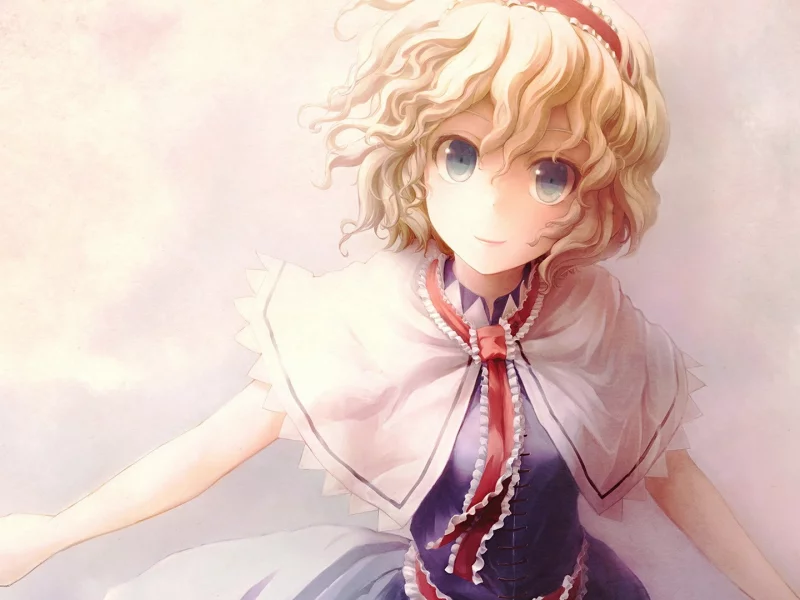 spread arms, Alice Margatroid, видео-игры, soft shading, аниме девушки, волнистых волос, anime girls, hair ornaments, распространение оружия, short hair, синее платье, блондинки, video games, blondes, blue eyes, Алиса Маргатройд, dress, Touhou, корот