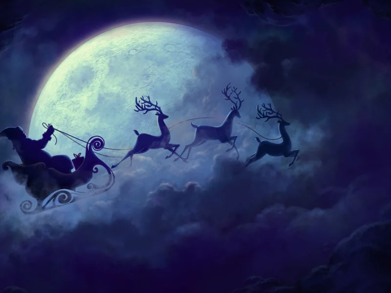 Christmas, Рождество, полет, Санта-Клаус, луна, Santa Claus, Moon, олени, reindeer, flying