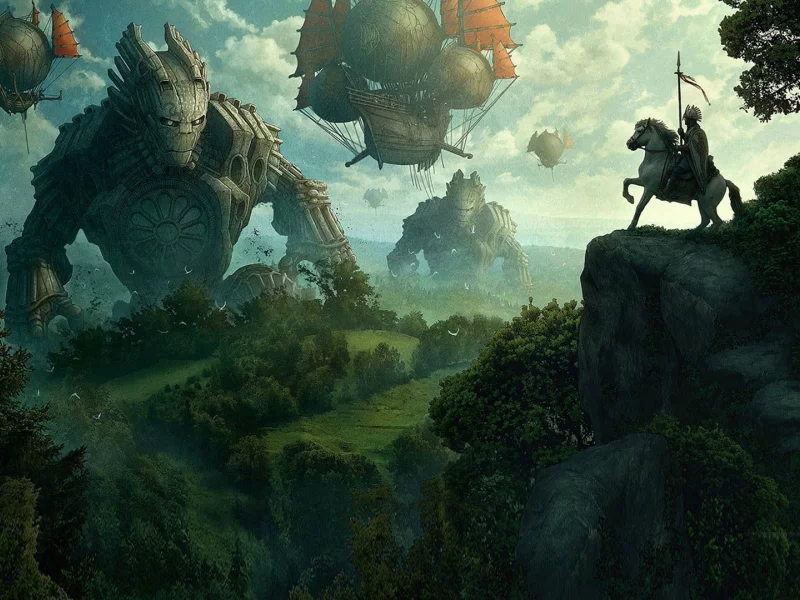 , medival, steam punk, horses, hot air balloons, fantasy art, monsters