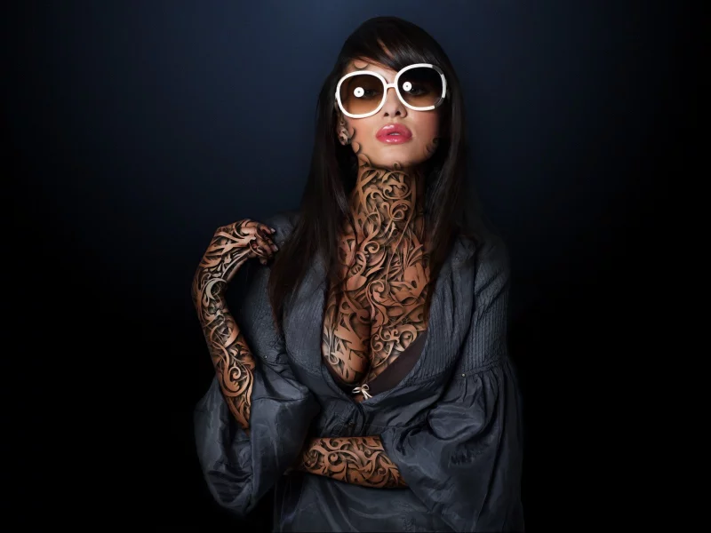 sunglasses, , tattoos, cleavage