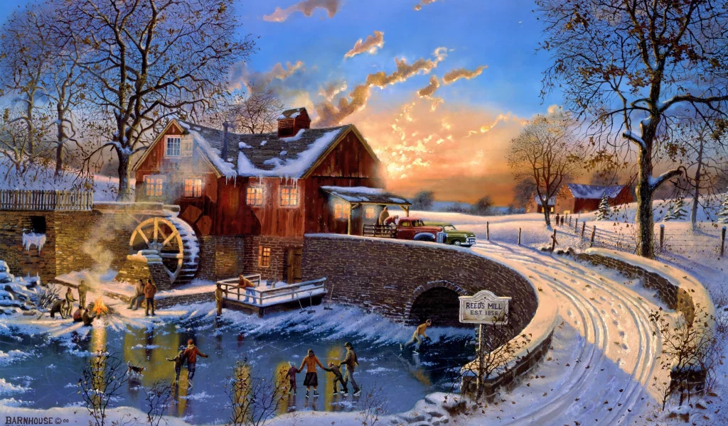 Dave barnhouse, живопись, зима, поздняя осень, the skating party