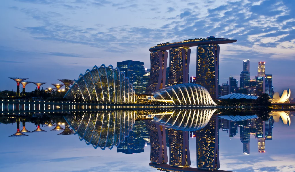 gardens by the bay, lights, skyscrapers, Singapore, sky, architecture, reflection, clouds, evening