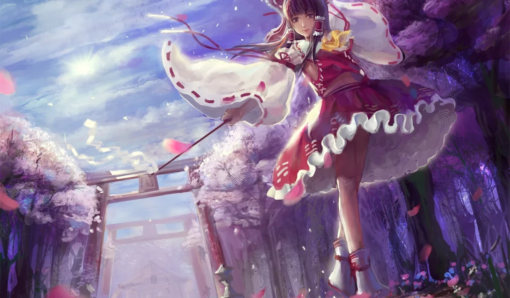 Touhou, врата, девушка, бант, hakurei reimu, лепестки, деревья