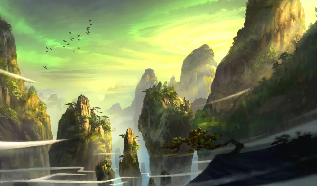  feng liu, pursue, скалы, деревья, горы, птицы, хвойные, Арт