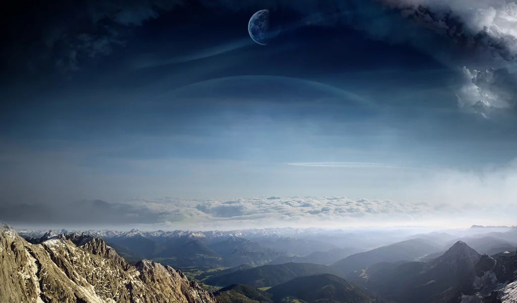 вид, облака, планеты, пейзаж, арт, A dreamy world, горы