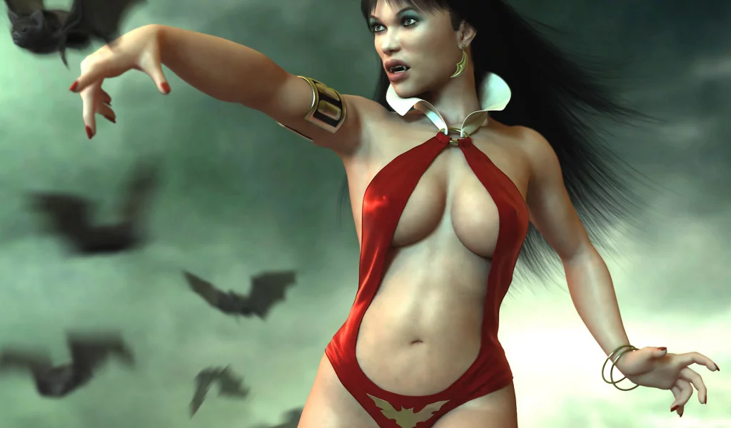 туман, клыки, Vampirella, девушка, летучие мыши, вампир