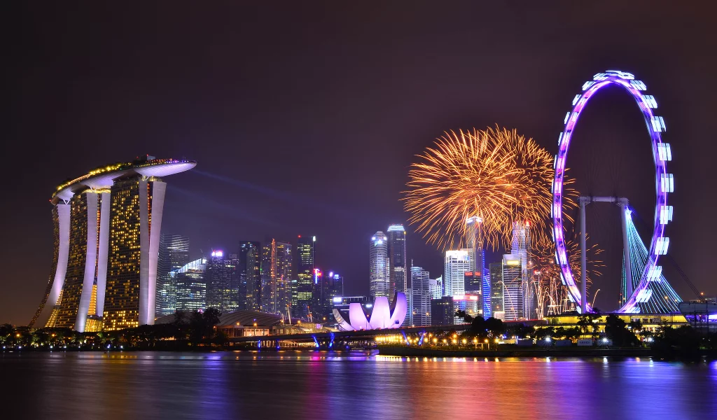 gardens by the bay, clouds, night, Singapore, sky, skyscrapers, lights, architecture, reflection