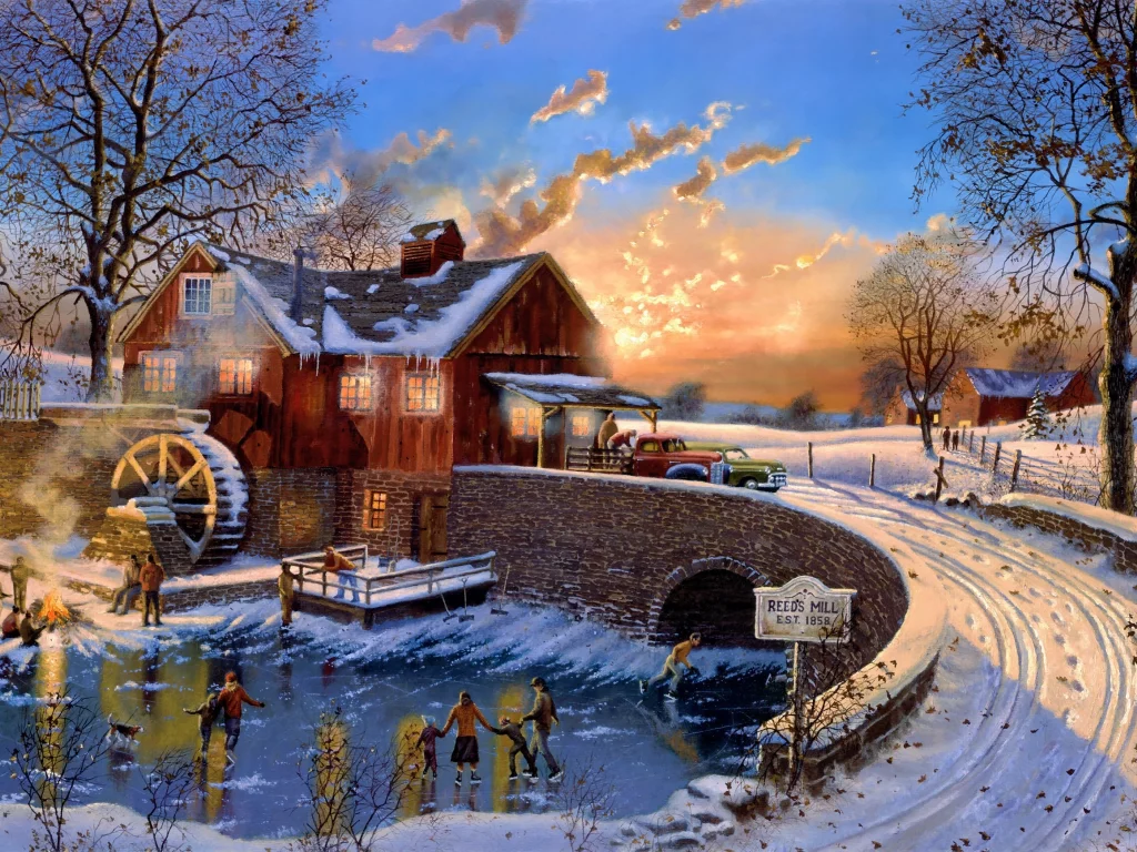 Dave barnhouse, живопись, зима, поздняя осень, the skating party