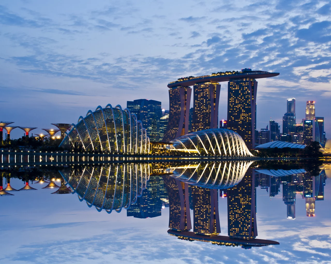 gardens by the bay, lights, skyscrapers, Singapore, sky, architecture, reflection, clouds, evening
