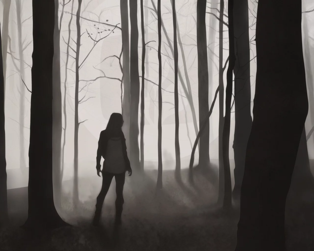 landscapes, , mist, artwork, forest, trees, dark, monochrome, Desktopography, silhouette