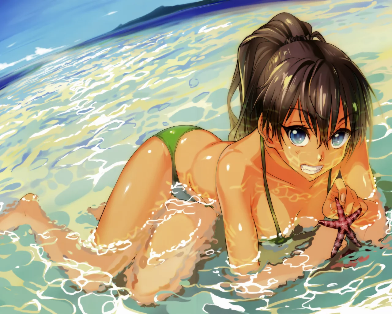 девушка, ganaha hibiki, idolmaster, Арт, пляж, andou chikanori, море, аниме