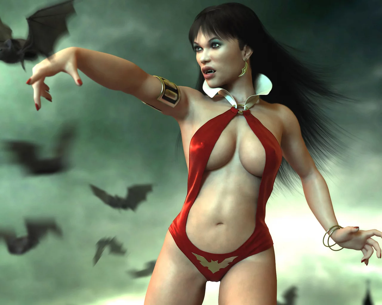 туман, клыки, Vampirella, девушка, летучие мыши, вампир