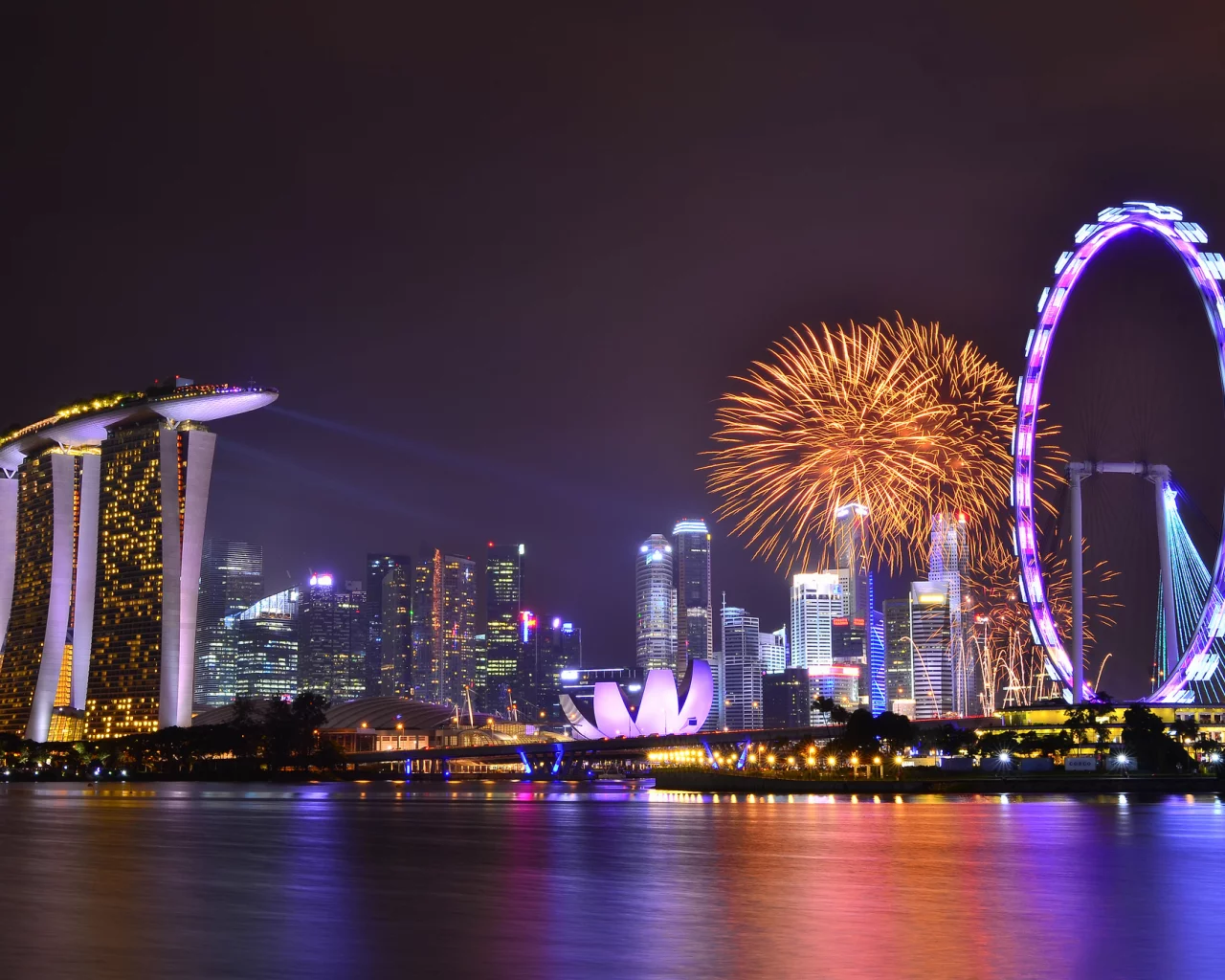 gardens by the bay, clouds, night, Singapore, sky, skyscrapers, lights, architecture, reflection