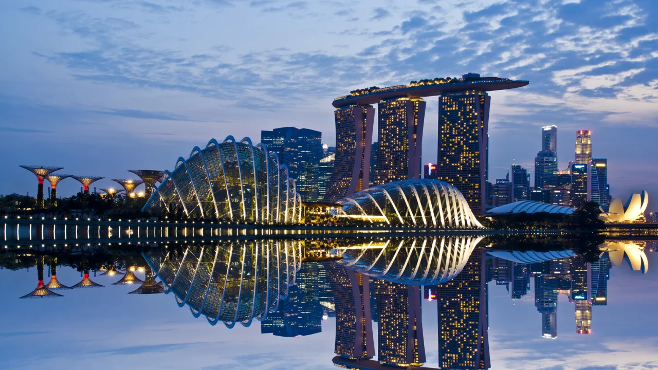 gardens by the bay, lights, skyscrapers, Singapore, sky, architecture, reflection, clouds, evening