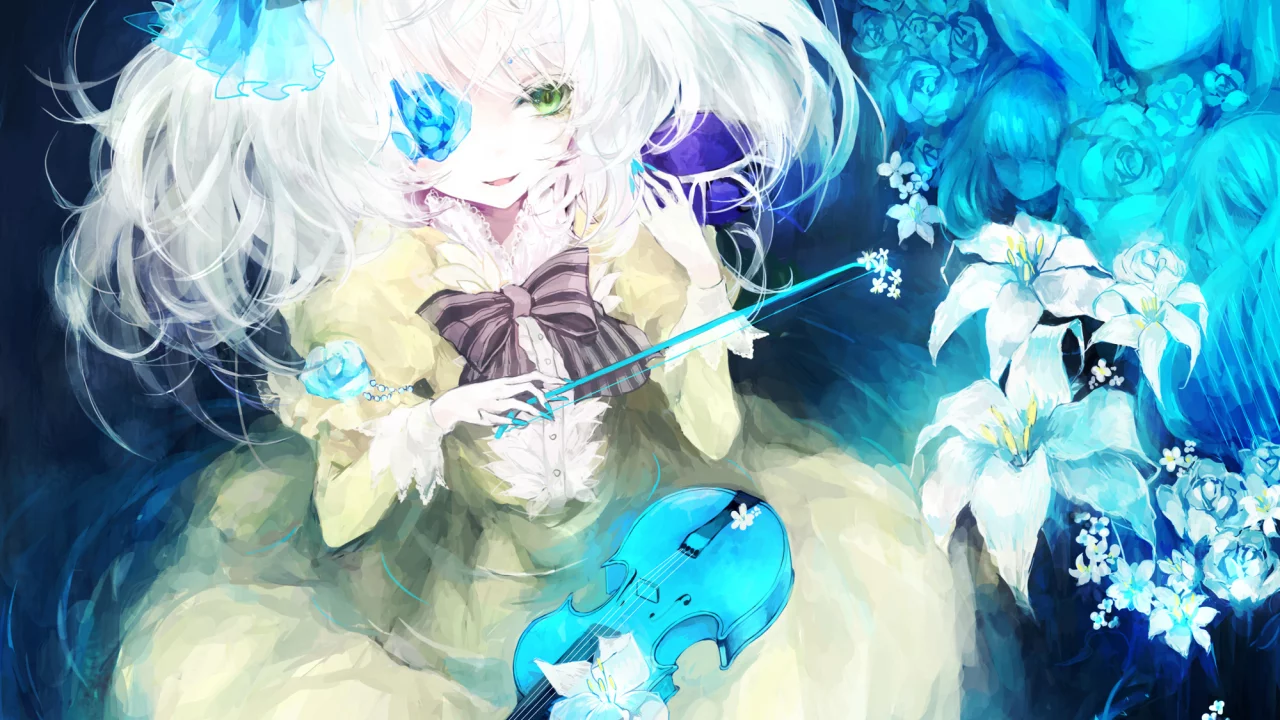 komeiji koishi, скрипка, девушка, Touhou, цветы, бант, лица, лилии