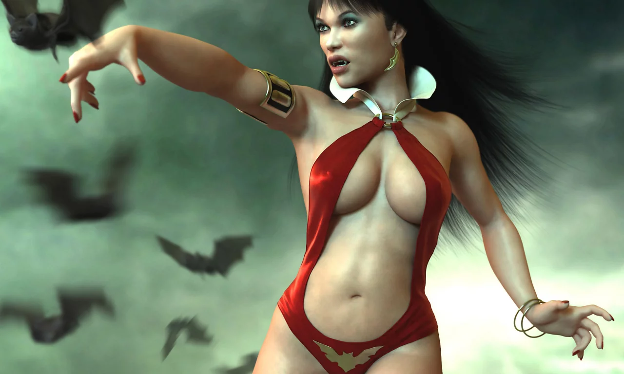 туман, клыки, Vampirella, девушка, летучие мыши, вампир